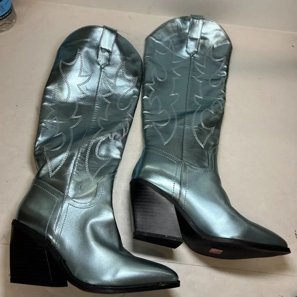 Madden Girl Womens 7 M Blue Metallic Arizona Western Knee High Boots DISPLAY QK3